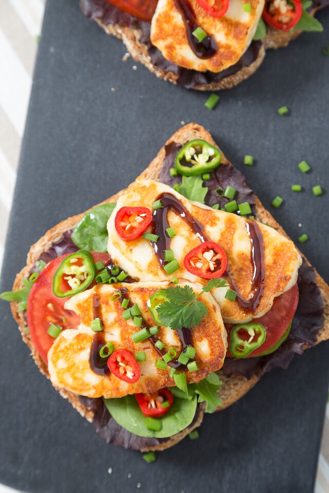Open Grilled Halloumi Sandwich With Balsamic Reduction