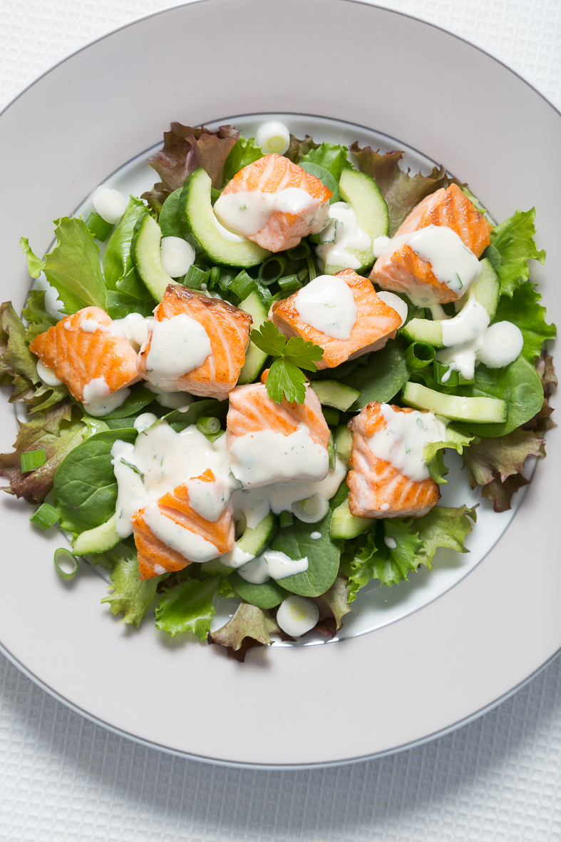 Warm Salmon Salad with Homemade Caesar Dressing