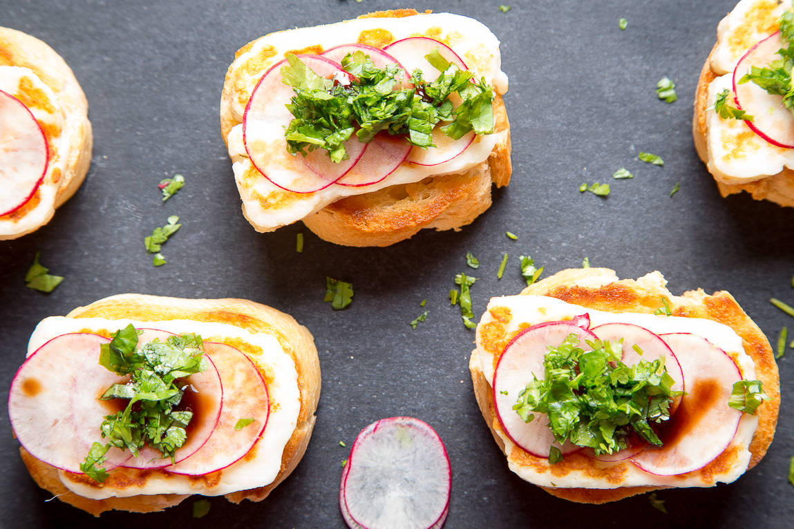 hallumi, radishes, balsamic glaze and coriander